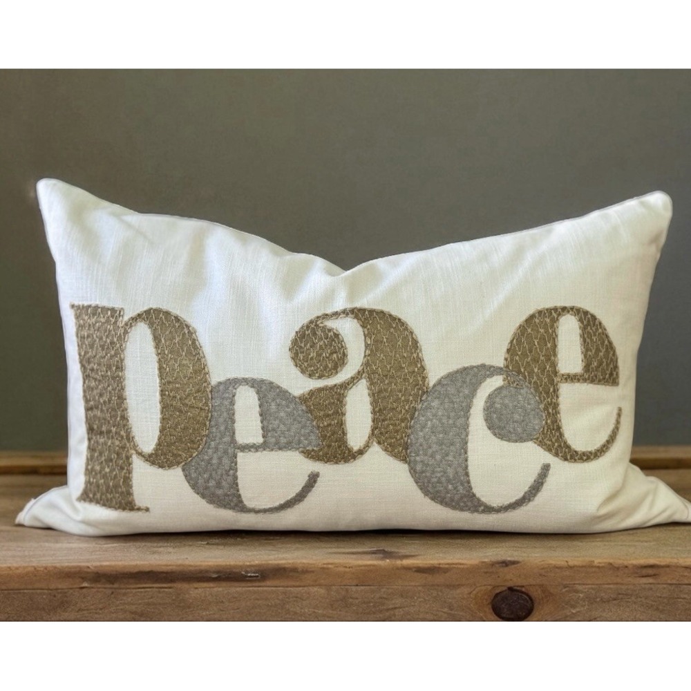 Pottery Barn Winter Peace Lumbar Pillow Cover 16x26 Ivory Gold Silver Neutral